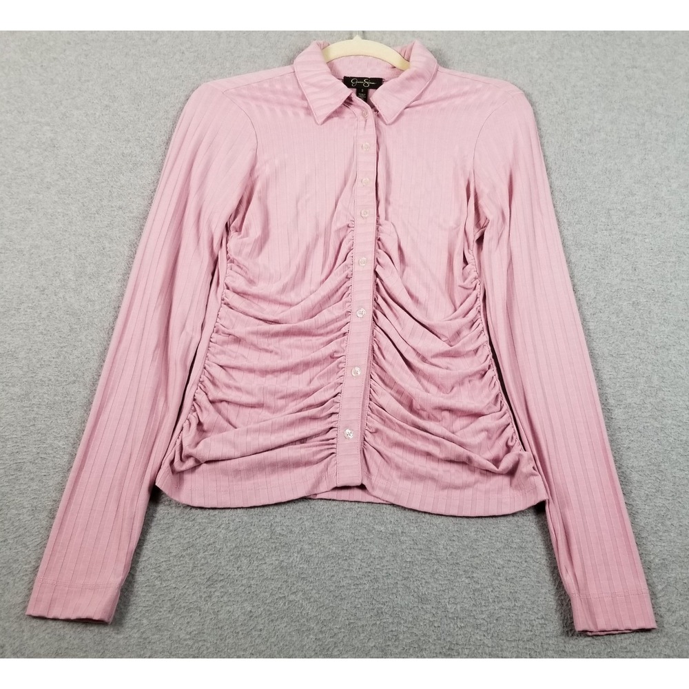 Jessica Simpson Button Up Shirt Women S Small Pink Ribbed Long Sleeves Ruching
